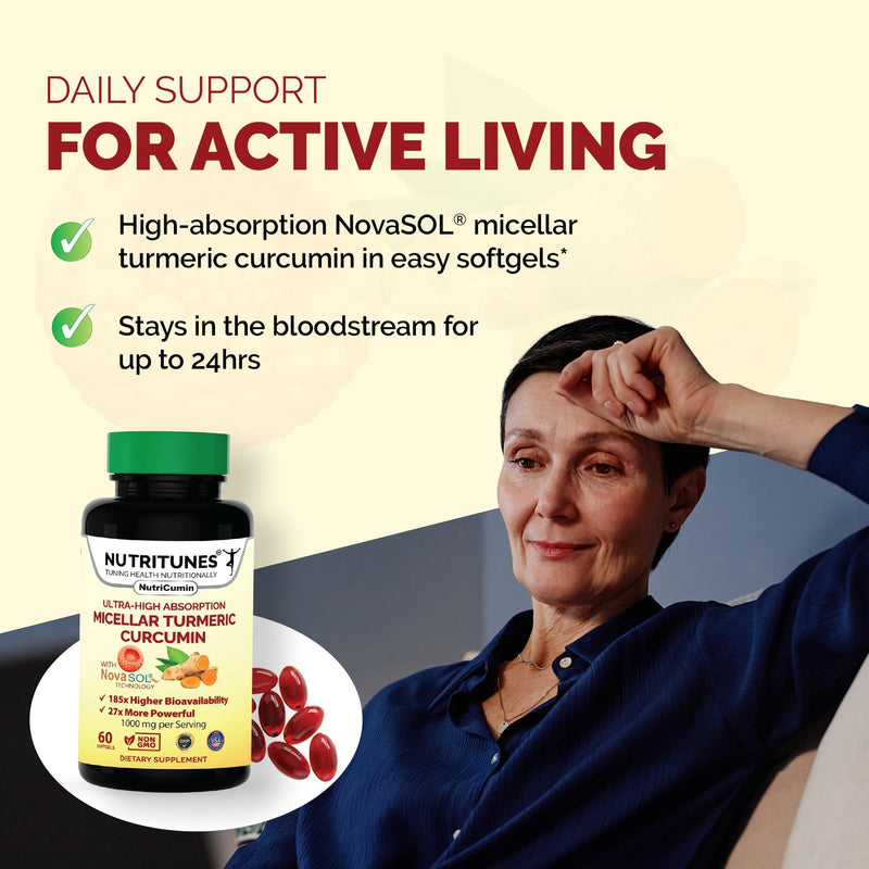 NutriCumin NovaSOL Turmeric Curcumin - 60 Softgels | Features Liposomal Delivery, Easy-to-Swallow Softgels, Allergen-Free Formula for Daily Joint and Mobility Support
