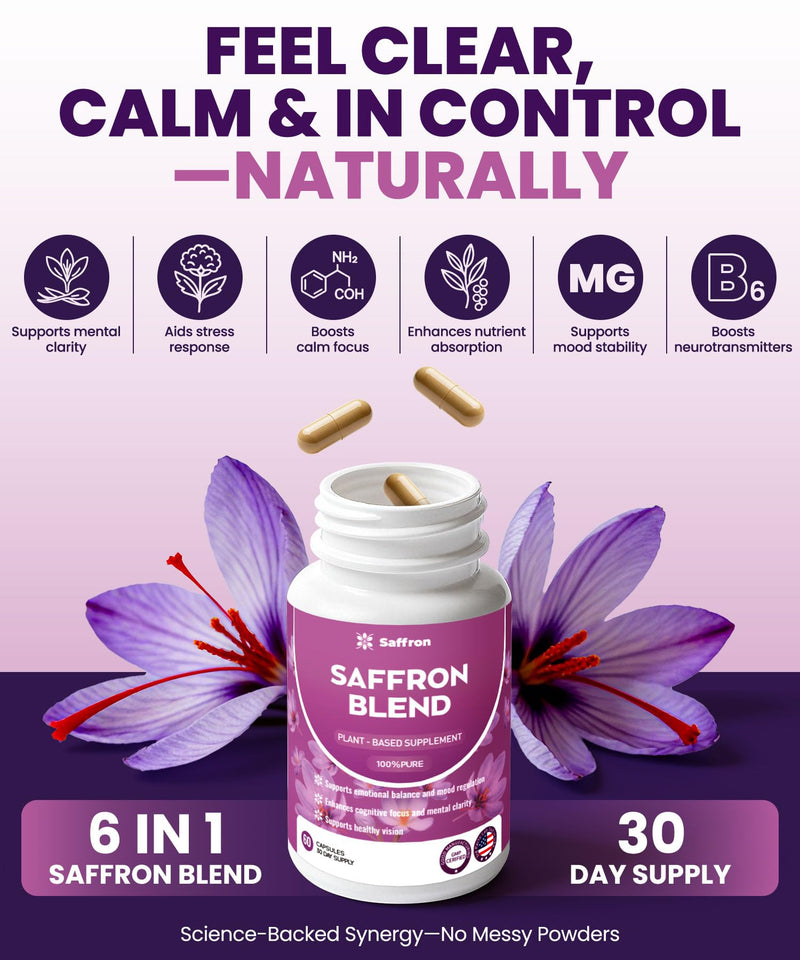 Saffron Supplements for Men & Women - Mood, Energy & Vision Support - Saffron, Magnesium, Vitamin B6 & Adaptogenic Herbal Blend, Non-GMO, Gluten-Free, 60 Vegan Capsules(30 Day Supply)