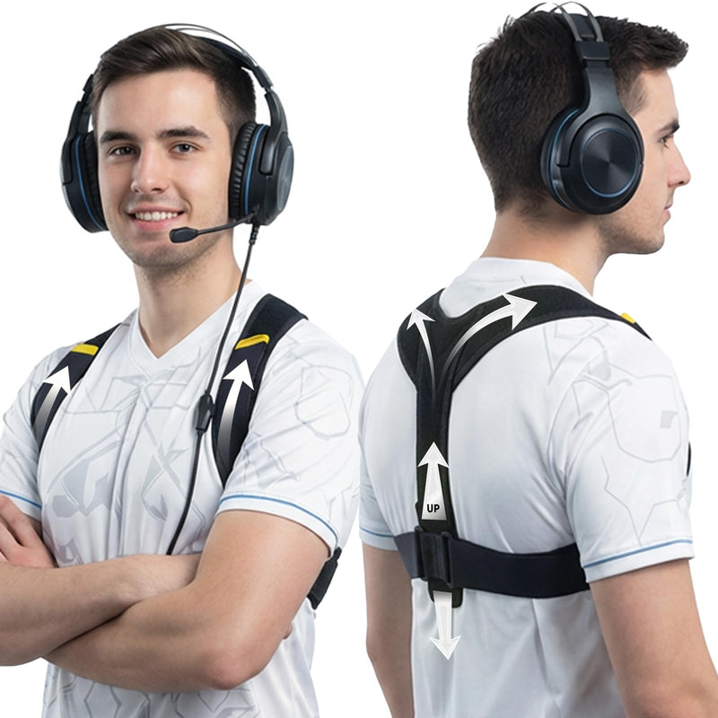 Hypoke® Gamer Back Posture Corrector for Men, Double Tension Control Upper Back Brace Posture Corrector, Ultra-Thin Breathable Alignment Straightener for PC Players And Streamers - Blaze Black