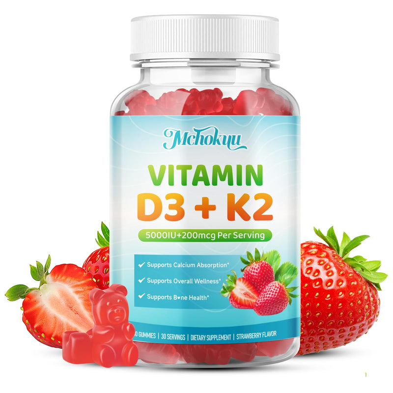Vitamin D3 K2 Gummies 5000IU Sugar Free Supplement, 120 Count | Vitamin D3 K2 Supplement 5000IU D3 & K2 200mcg, Non-GMO, Strawberry, Supports Bone & Calcium Absorption* for Daily Wellness