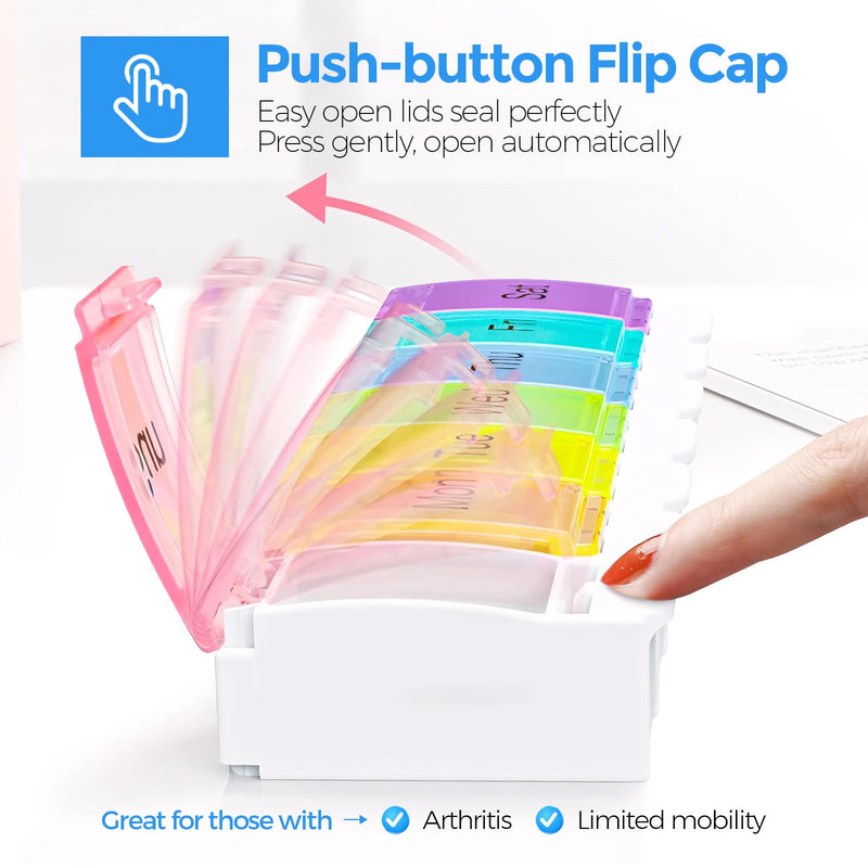 Weekly Pill Organizer 7 Day Pill Box with Labels, Spring Open Pill Case for Vitamins Supplements and Medications, BPA Free Daily Medicine Pill Organizer for Medication Portable Pill Holder White