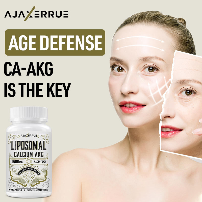 Liposomal Calcium AKG Supplement 1500 MG (Alpha-Ketoglutaric Acid), High Absorption, More Effective Than AAKG, Ca AKG for Longevity, Age Defense, Cellular Energy, Metabolic Function, 120 Softgels 60 Count (Pack of 2)