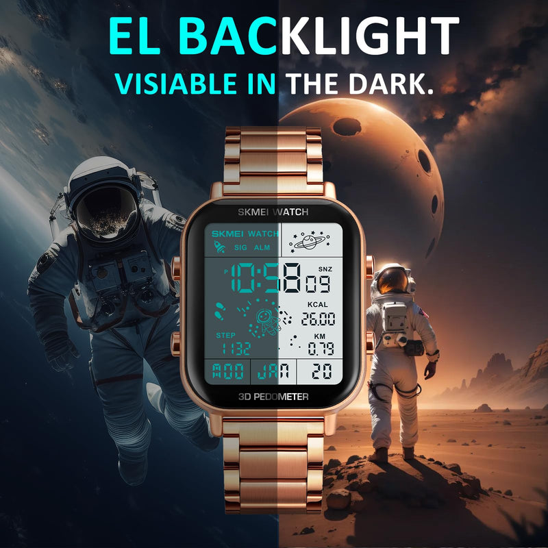 SKMEI Watch for Men Square Dial 3D Pedometer Sports Digital Watch with 50M Waterproof Luminous Countdown Stopwatch Dual Time Display Alarm 1888-Rose Gold - BeesActive Australia