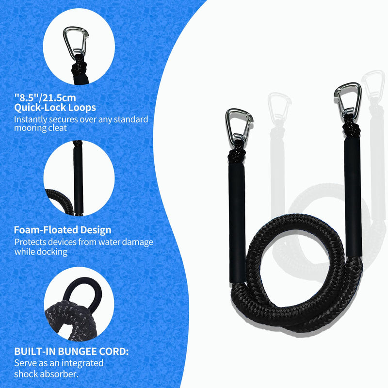 Black Bungee Dock Lines 2-Pack with Double Hooks & Floating Tubes – Heavy Duty Boat Ropes for Jet Ski, Pontoon, Kayak – 4ft to 6ft, 316 Stainless Steel, Shock Absorbing black - BeesActive Australia