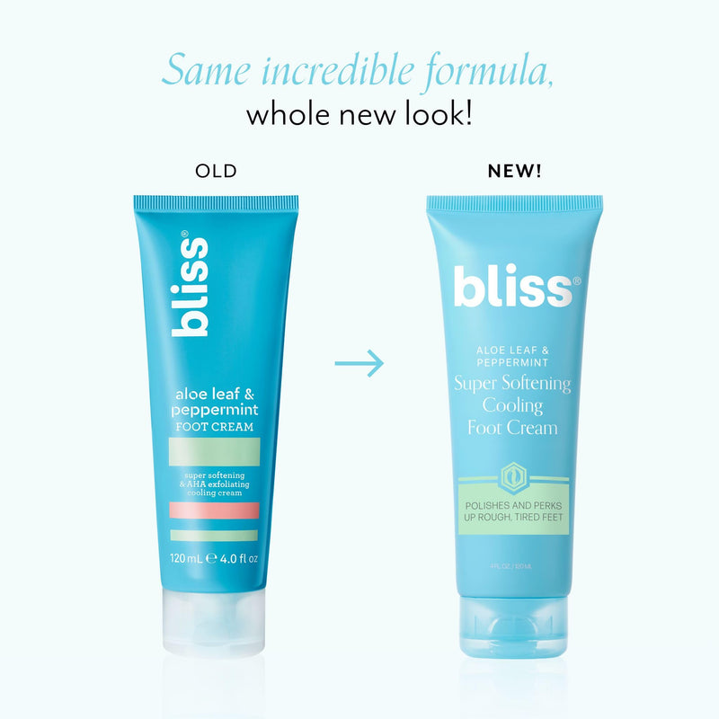 Bliss - Aloe Leaf & Peppermint Foot Cream | Super Softening AHA Exfoliating Cooling Cream | Exfoliator & Moisturizer | Vegan | Cruelty Free | Paraben Free | 4.0 fl. oz. 4 Fl Oz (Pack of 1)