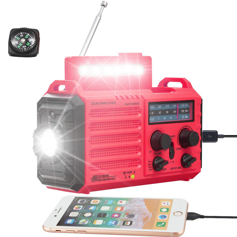 Weather Radio NOAA Alert with Battery Backup 18500mWh, Portable AM FM Shortwave Radio Solar Hand Crank, Flashlight Cellphone Charger, SOS Alarm, Compass, Headphone Jack for Home Outdoor Emergency Red