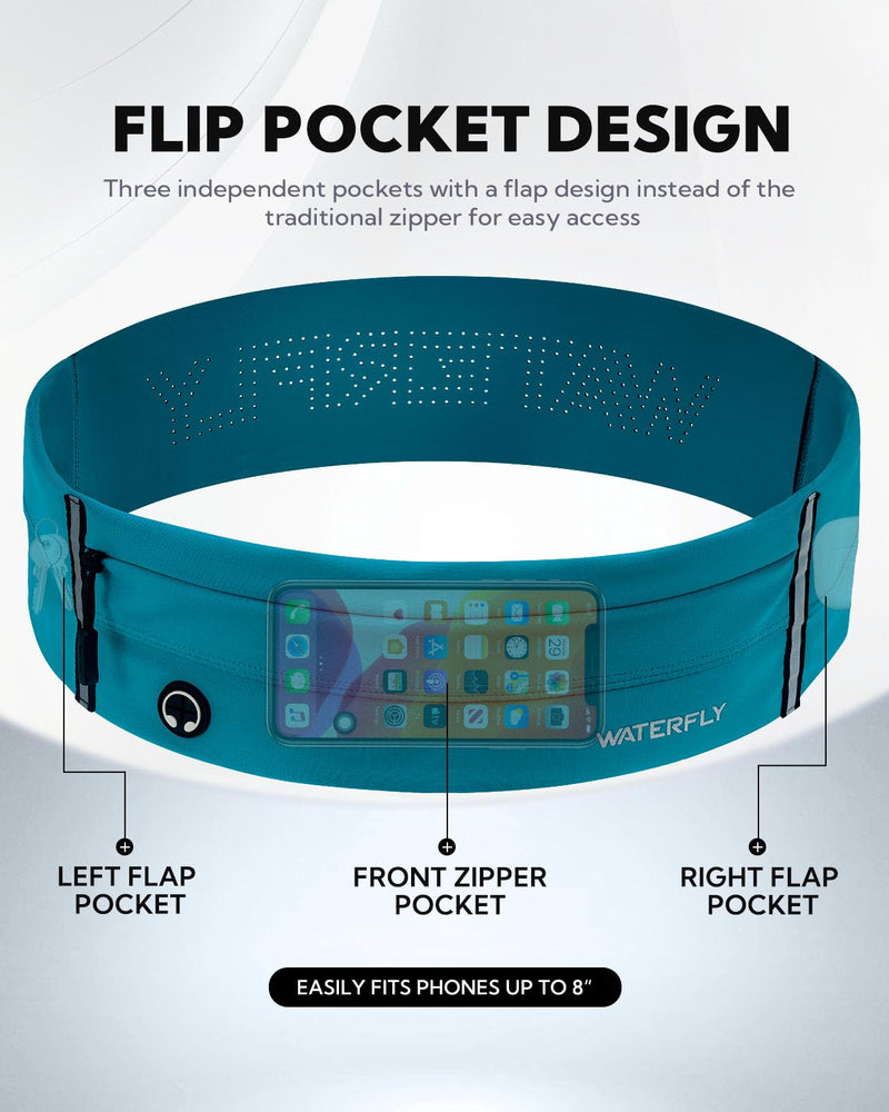 WATERFLY Running Belt Fanny Pack: Slim Elastic Sport Workout Waistband for Men and Women, Jogging Runner Phone Holder Belt, Marathon Jogger Waist Bag Blue