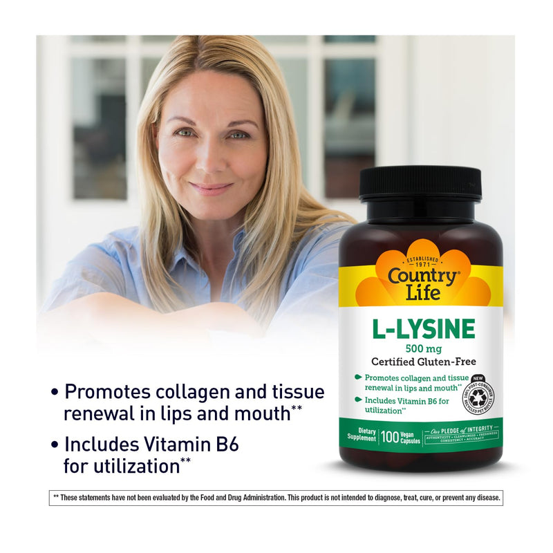 Country Life L-Lysine 500mg with Vitamin B6, 100 Vegan Capsules | Essential amino acid formula supporting collagen structure and tissue renewal in the lips and mouth 100 Count (Pack of 1)
