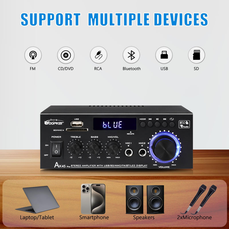 WOOPKER AK45Pro Stereo Audio Amplifier,400W 2Channel Bluetooth 5.0