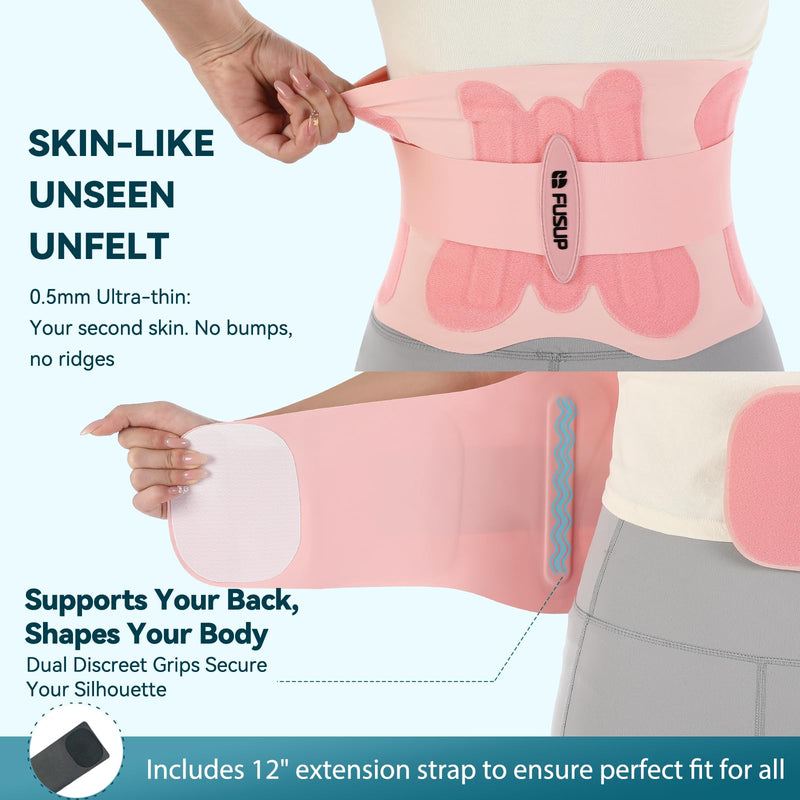 Thin Back Brace with 0.5mm Ultra-Thin & Seamless Design Under Clothing, FUSUP Anti-Slip Lumbar Support Belt with 2 Removable & Adjustable Straps - for Low Back Pain, Back Injuries, Office, Daily Wear, Sports (Women & Men) (Pink, Large) Pink - BeesActive Australia