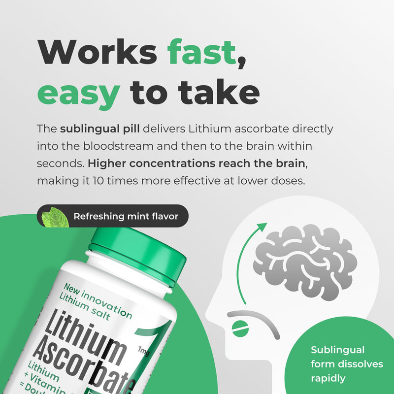 Lithium Ascorbate 1mg with Vitamin C – Brain Supplement for Focus, Memory, Mood & Stress Support – Cognitive Enhancer – 120 Tablets