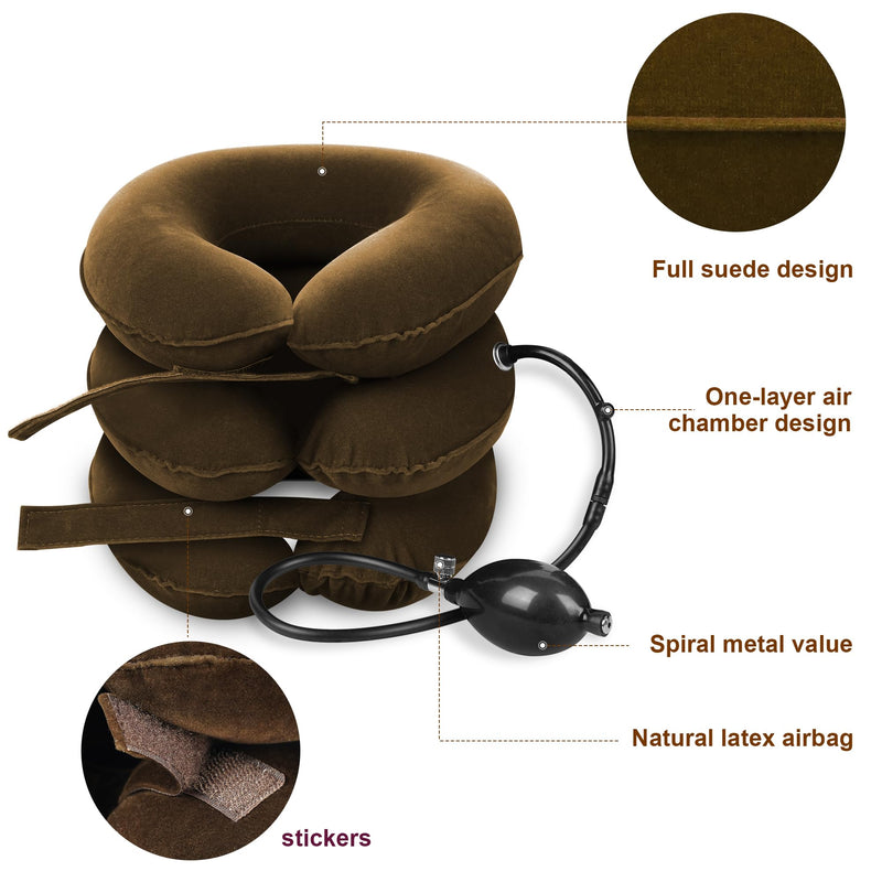 Cervical Neck Traction Device Inflatable Neck Stretcher, Easy to Use for Chronic Neck and Shoulder Pain Relief Traction Spine Alignment, Neck Cervical Brace Brown - BeesActive Australia