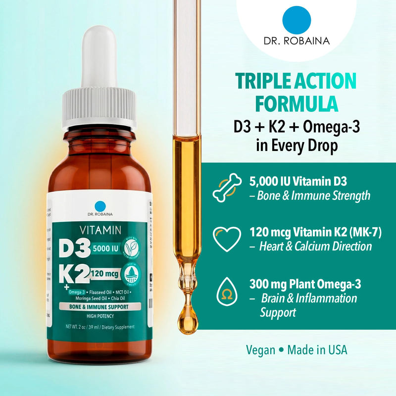 Dr. Robaina Vitamin D3 + K2 Drops – Vegan MCT Oil Liquid Supplement, 5000 IU D3 & 120 mcg MK-7, Sublingual Daily Vitamin D and K 3 Units