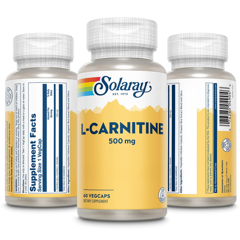 SOLARAY L-Carnitine 500 mg, Free Form Amino Acid, Lab Verified, GMP Facility, 60 Servings, 60 VegCaps