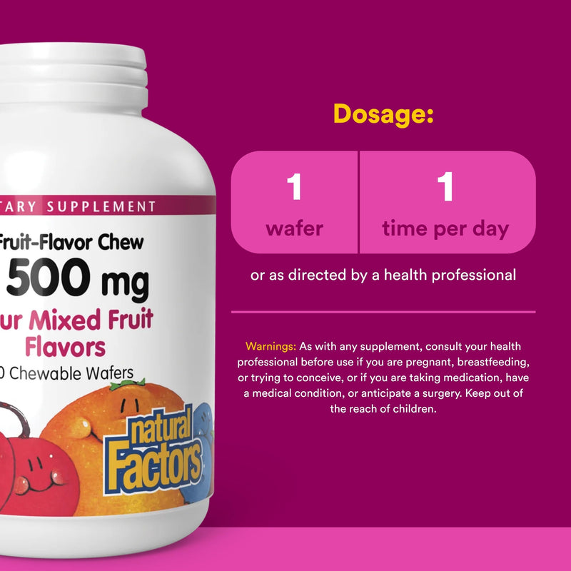 Natural Factors, Kids Chewable Vitamin C 500 mg, Supports Immune Health, Bones, Teeth and Gums, Mixed Fruit, 90 Wafers 90 Count (Pack of 1)