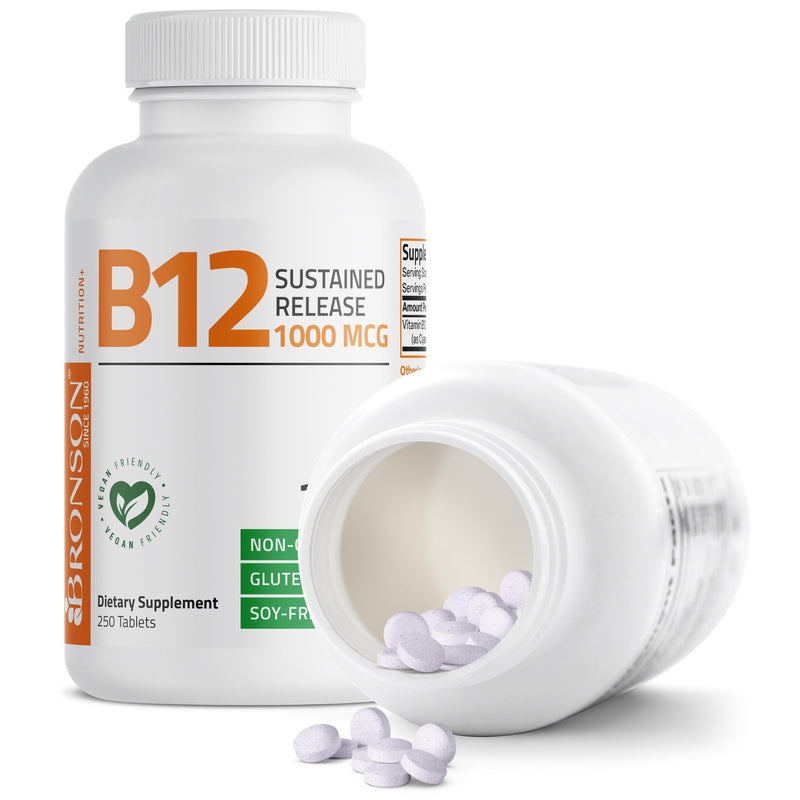 Bronson Vitamin B12 1000 mcg Sustained Release, Energy Support, 250 Tablets | Healthy Brain Function & Nervous System Support, Vegan, Non-GMO, Gluten-Free & Soy-Free 250 Count (Pack of 1)