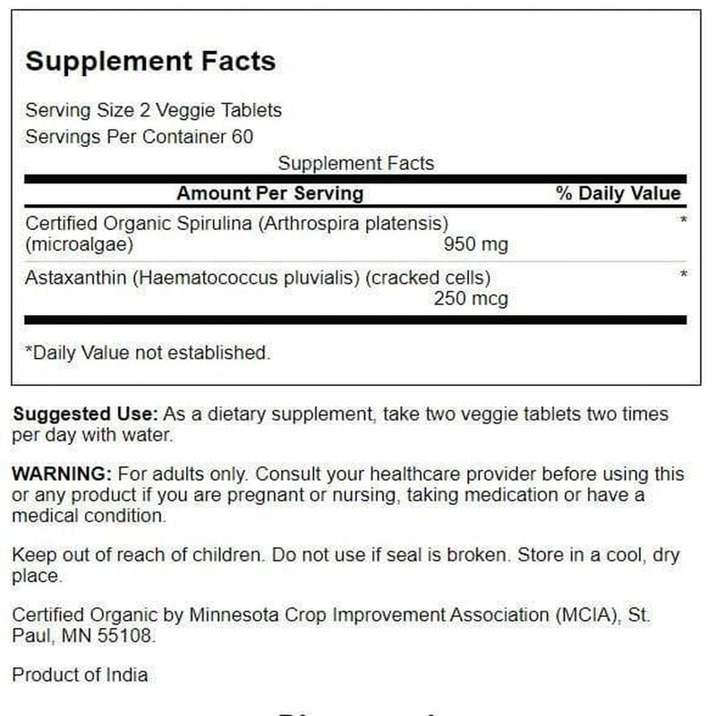 Swanson Organic Spirulina & Astaxanthin 120 Veg Tabs | Whole-Food Source of Vegetarian Protein, Amino Acids, B Vitamins and Antioxidants, Non-GMO, Non-Irradiated and Vegetarian 120 Count (Pack of 1)