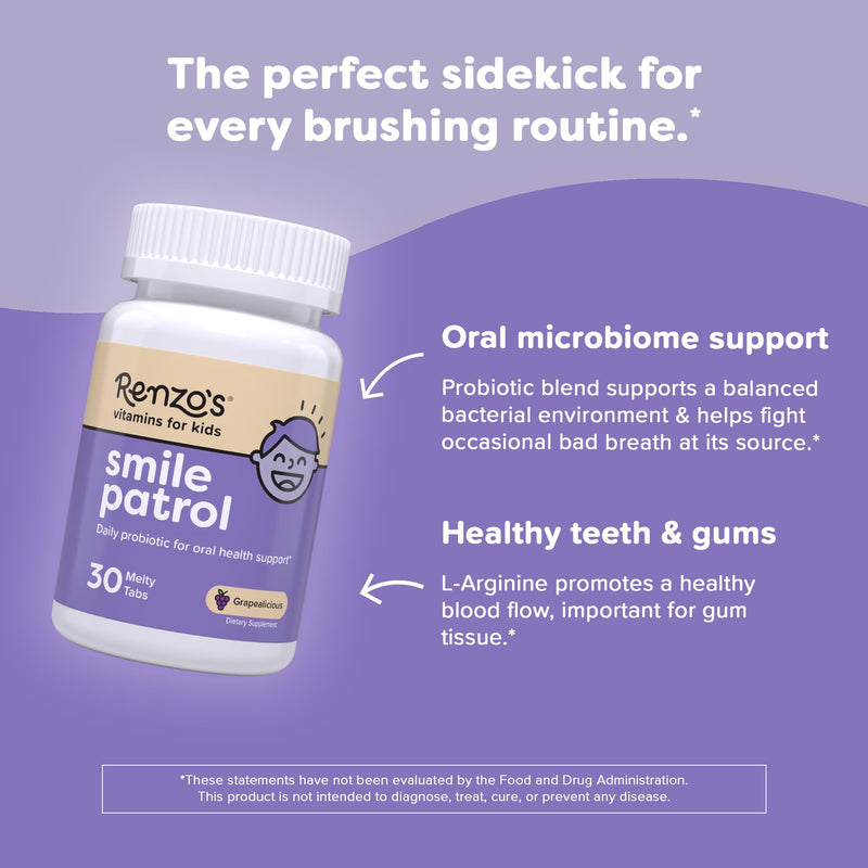 Renzo's Smile Patrol Oral Probiotics for Kids, Dissolvable Tabs, 30-Count | 4 Probiotic Strains & L-Arginine, Healthy Teeth & Gums, Oral Health Supplement, Sugar-Free, Grape Flavor, 1-Month Supply Smile Patrol Grape