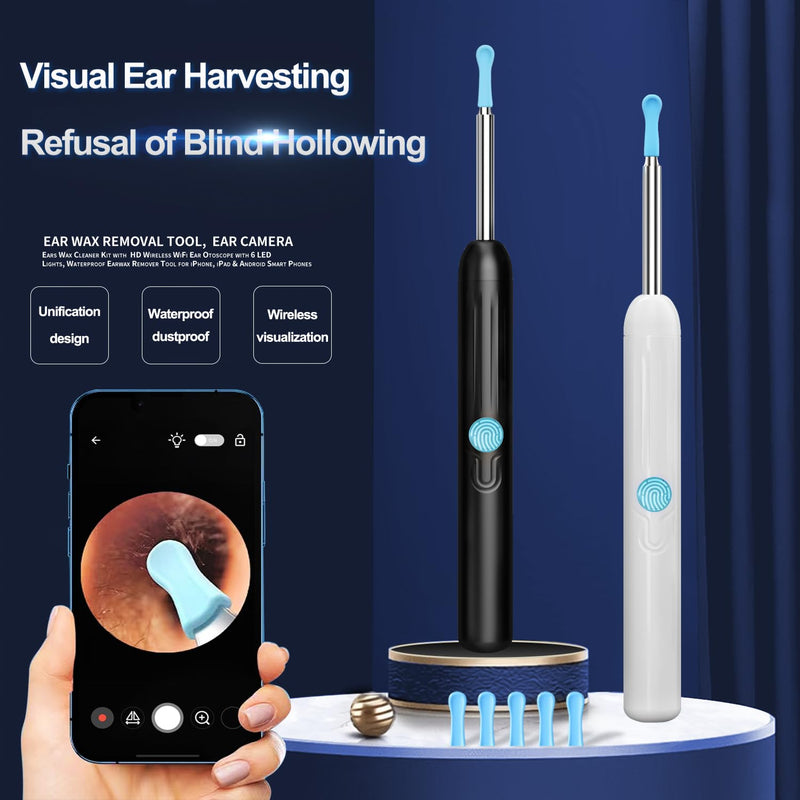 Ear Wax Removal - Ear Cleaner with Camera - Earwax Remover Tool with 8 Pcs Ear Set - Wireless Ear Scope Otoscope with Light - Ear Camera with 6 Ear Spoon - Ear Cleaner (Black) Black - BeesActive Australia