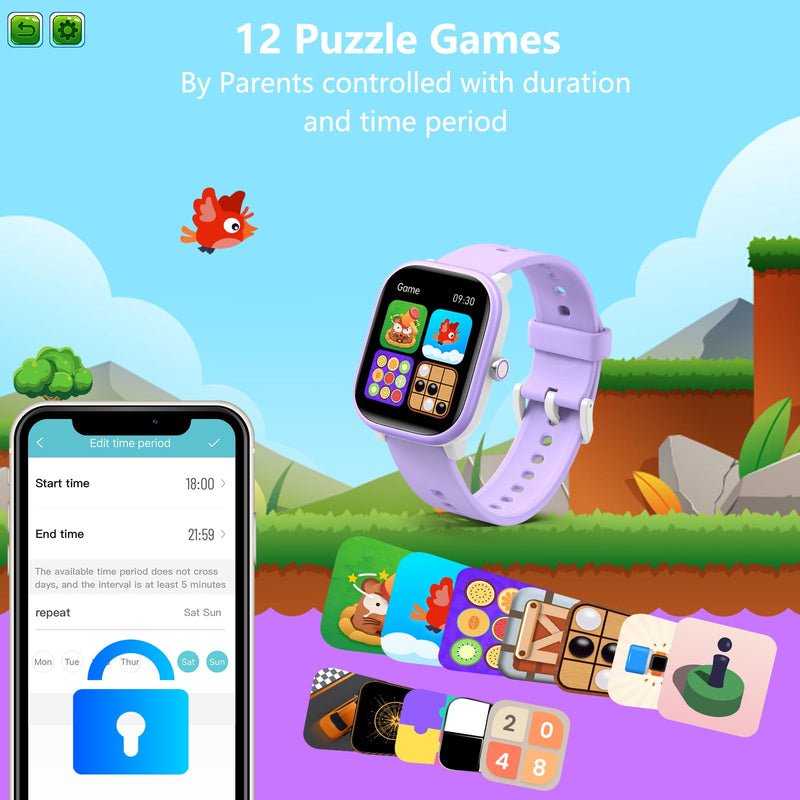 Kids Wach for Girls Boys 6-15 Year Old - Smart Watch for Kids 1.8" Fitness Tracker,No Phone needed,Pedometer Sleep Monitor Heart Rate Waterproof,Puzzle Game for Girls Boys Teens Birthday Gift (Purple) Purple - BeesActive Australia