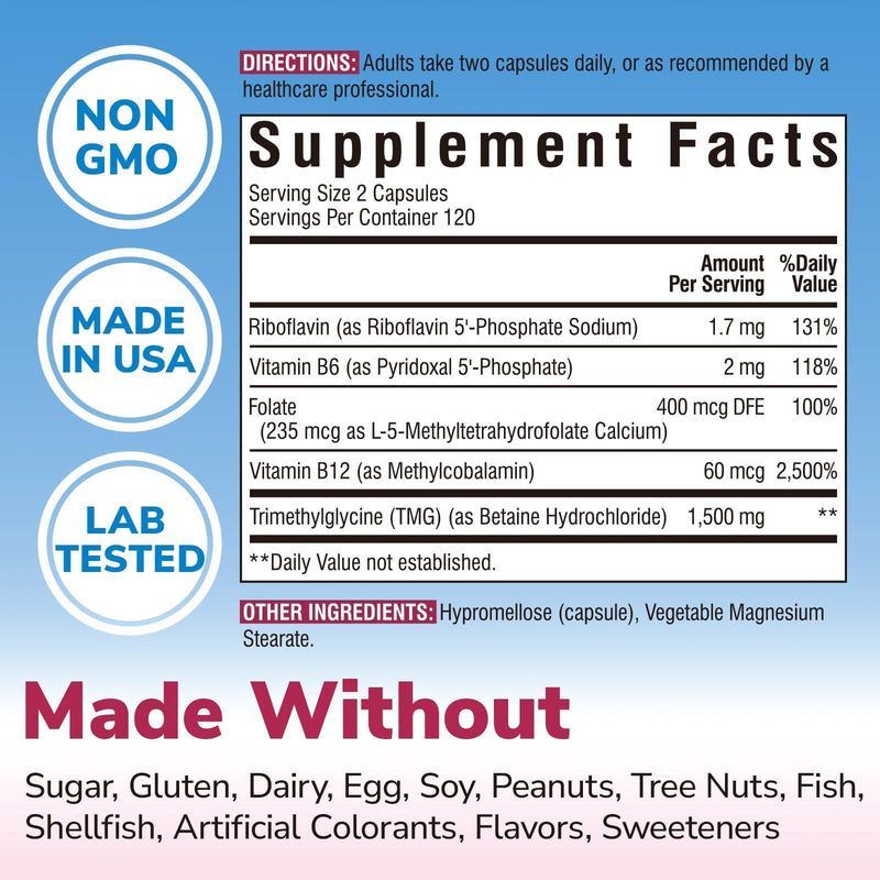 Vitalibre TMG Supplements, Methyl B Complex, 5-MTHF Folate, B12 Methylcobalamin, TMG Trimethylglycine, Methylfolate, 240 Vegan Caps 240 Count (Pack of 1)