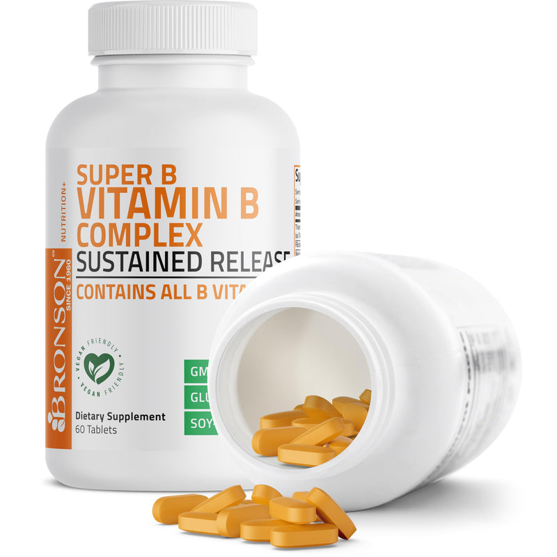 Bronson Super B Vitamin B Complex Sustained Release for Energy, 60 Tablets | B1, B2, B3, B6, Folic Acid, B12, Biotin & Pantothenic Acid, One-Tablet Formula, Non-GMO, Gluten-Free & Soy-Free 60 Count (Pack of 1)