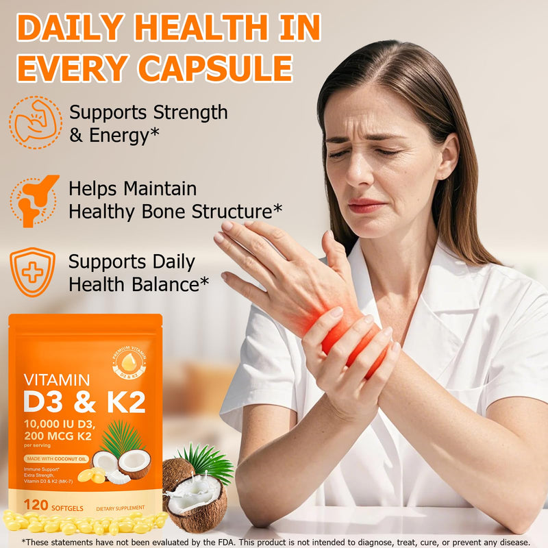 Vitamin D3 K2, D3 K2 Vitamin 10000 iu Supplement with Coconut Oil Softgels, 2 in 1 Formula 200 mcg (MK-7) Complex Softgels Supports Immune, Easy to Swallow & Non-GMO