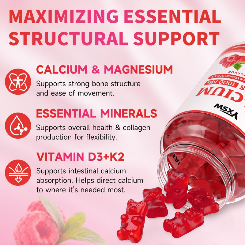 Calcium Gummies 1000mg with Vitamin D3 K2 & B12 Complex, High Absorption Potassium, Calcium Magnesium Zinc Supplement for Bone, Muscle, Mood and Immunity Support, Raspberry Flavor, 60 Count 60 Count (Pack of 1)