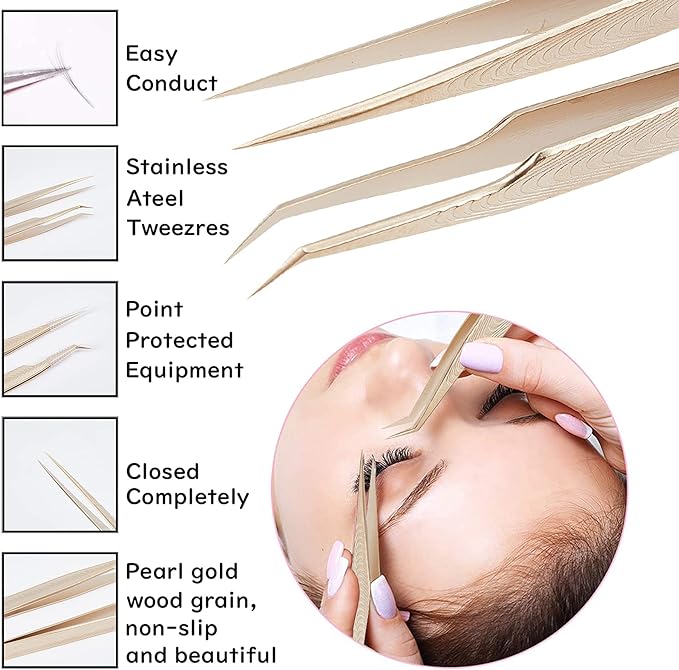 NICENEEDED 2pcs Eyelash Extension Tweezers Set in Case, Gold Volume Lashes & Straight Tweezers for Lash Extension - BeesActive Australia