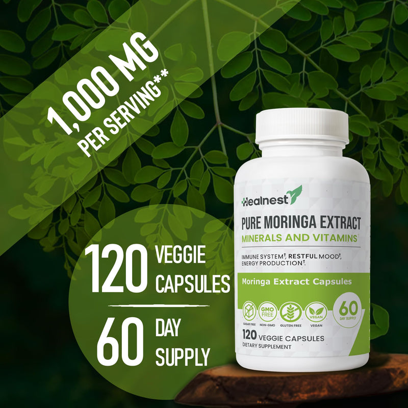 Pure Moringa Extract Capsules – 20:1 (20,000 mg) Potent Formula – Vegan Superfood Supplement with Vitamins & Minerals – Energy, Immunity, Digestion & Mood Support – 120 Capsules – Non-GMO, Gluten-Free