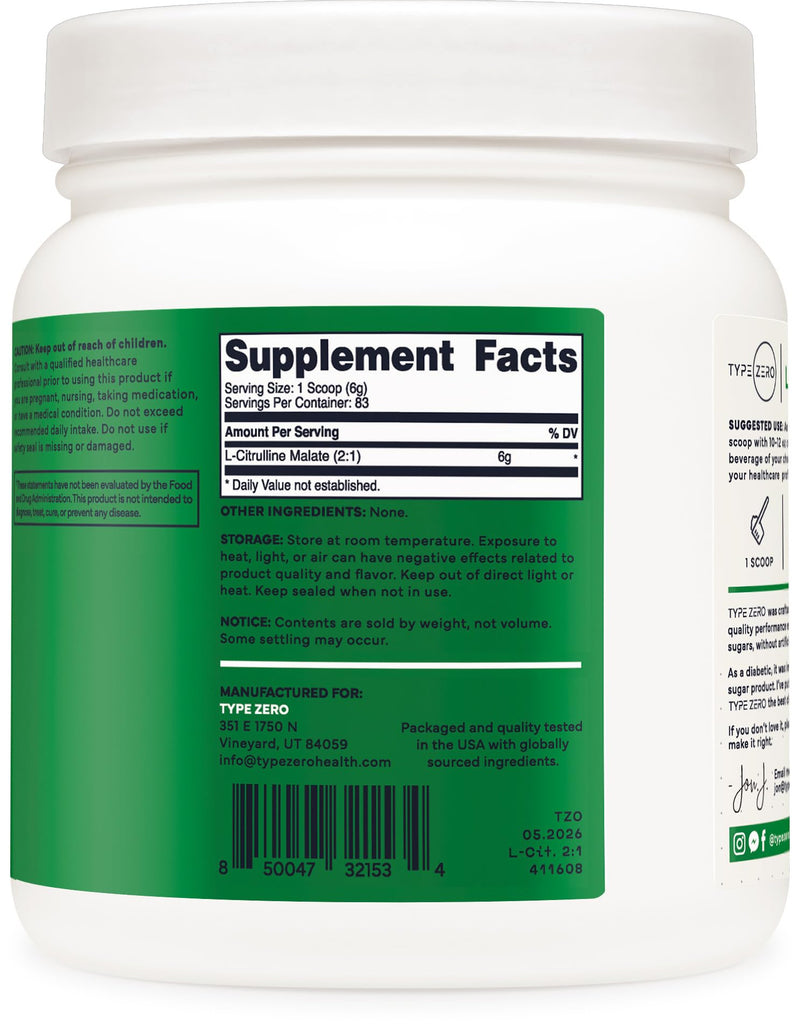 Type Zero Clean L-Citrulline Malate 2:1 Powder Drink Mix (Unflavored) 500g | Keto Friendly, Gluten-Free, GMO-Free, 83 Servings 500 Gram (Pack of 1)