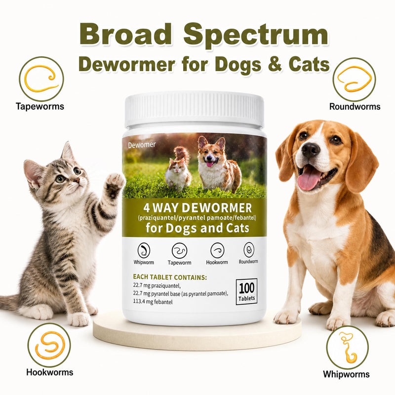 Dewormer for Dogs and Cats,4 Way Broad Spectrum Wormer with Praziquantel, Pyrantel Pamoate & Febantel, Safe for 4 Weeks and Older,100 Tablets