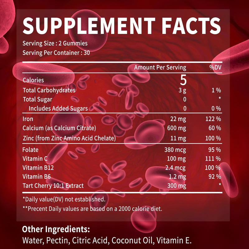 2 Pack Iron Gummies, Tart Cherry Iron Supplement for Women & Men | Iron with Vitamin C, Calcium, Zinc, Folate, B12 for Immune Support, Sugar Free, Vegan 120 Count (Pack of 1)