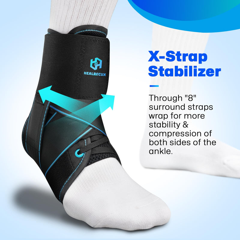 Healrecux Lace Up Ankle Brace for Women Men, Ankle Support for Sprained Ankle, Plantar Fasciitis Brace Ankles Stabilizer Wrap for Basketball, Volleyball, Sports, Injury Recovery, L Blue Stripes Large