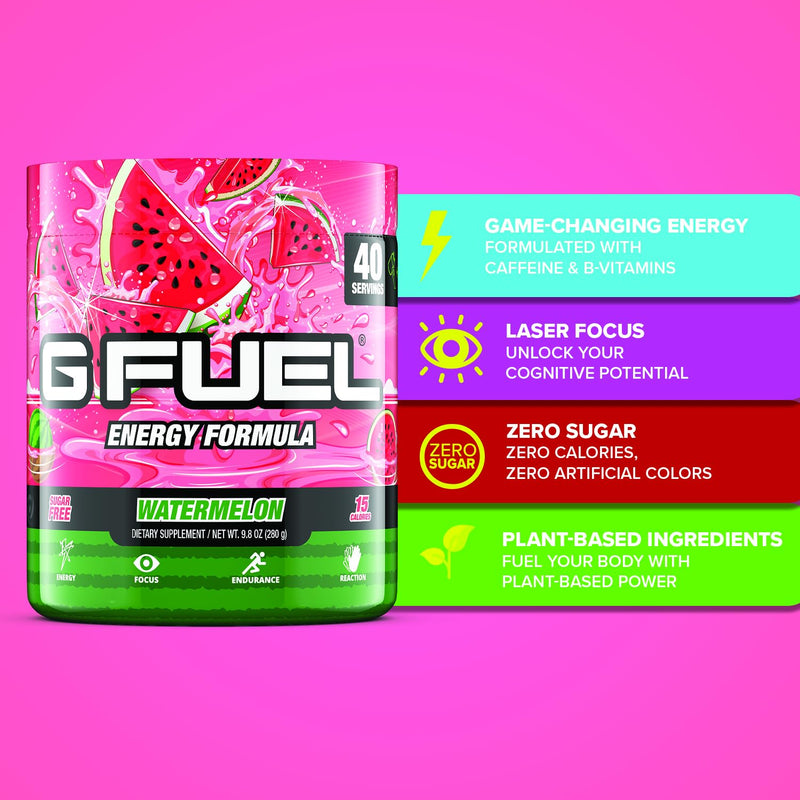 G Fuel Watermelon Energy Drink Powder, Pre Workout Caffeine Mix for Gaming, Sugar Free Focus Amino, Vitamin + Antioxidants, 9.9oz (Watermelon, 40 Servings)