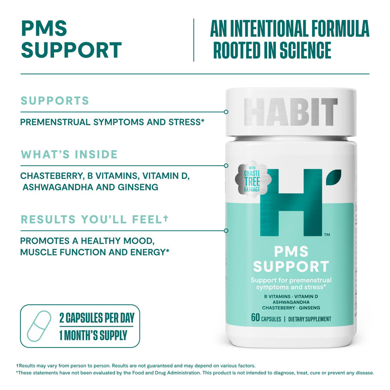Habit PMS Support Supplement for Women (60 Capsules) - Supports Premenstrual Symptoms & Stress, Hormone Balance, Mood, B Vitamins, Vitamin D, Chasteberry, Ashwagandha, Gluten-Free, Non-GMO (1 Pack) 1 Pack