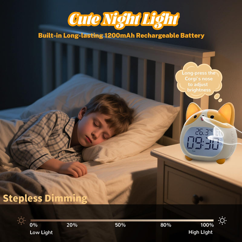 AVEKI Alarm Clocks for Kids - Cute Dog Clock with Night Light, 6 Alarm Tones, Snooze, Timer, Date and Temperature Display - Rechargeable Battery Operated Digital Clocks for Bedroom Kids Room (Corgi) Corgi