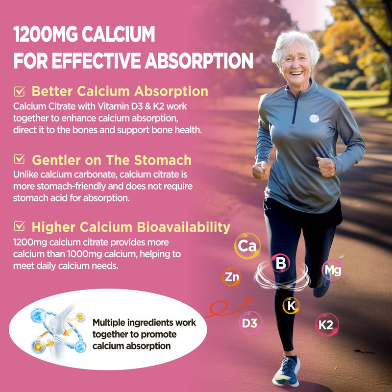 Calcium 1200 mg with Vitamin d3, K2, High Absorption Calcium Citrate with Vitamin D3, K2, Magnesium, Zinc, Potassium, Boron, Calcium Supplements for Women & Men, Sugar-Free, Vegan, 60 Gummies