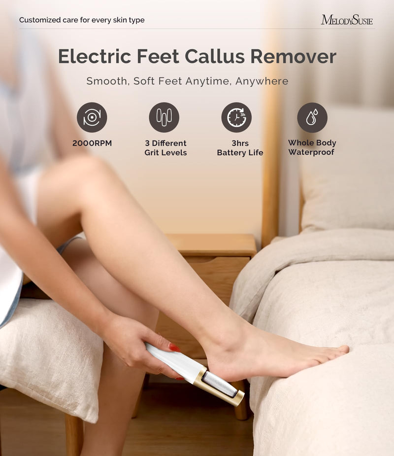 MelodySusie Electric Callus Remover for Feet, PC800G IPX7 Waterproof Rechargeable Pedicure Tool with LED Light & 3 Grits Roller Heads & Adjustable Speeds, for Dead Skin & Cracked Heel, White Gold - BeesActive Australia