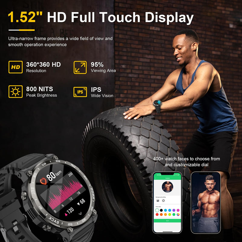 Smart Watches for Men-Bluetooth Call, 1.52" Military Smart Watch for Android iPhone, Waterproof Fitness Tracker Watch with Sleep Tracker, 118 Sports Modes, GPS Pedometer/Step Counter for Walking Black 1.52"