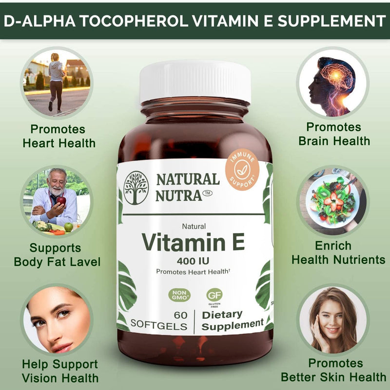 Natural Nutra Vitamin E 400 IU Supplement, 60 Softgels | Helps Heart Health & Protects Skin Texture, Enriches Health Nutrients, Enhances Hair & Nails Growth, Supports Body Fat Level