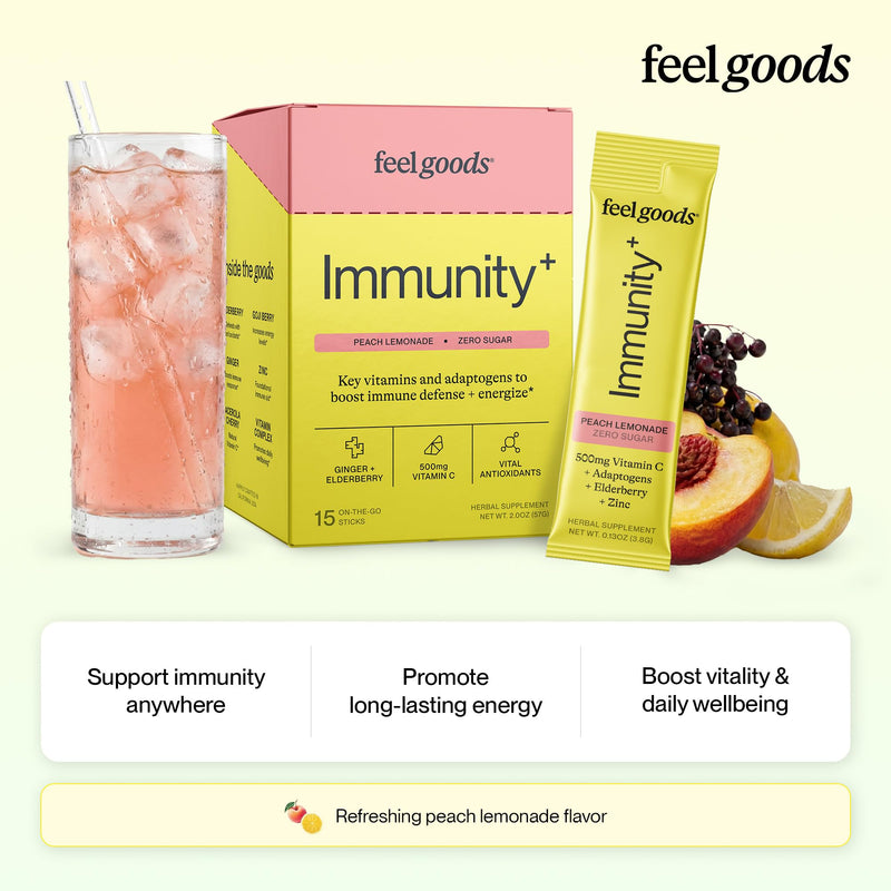 Feel Goods Immunity Icon, Vitamin C Immune Support Powder Packets, 15 Count | Immunity Plus, 500mg Vitamin C, Elderberry, Ginger, Turmeric, Vitamins for Immune Health, Sugar-Free, Caffeine-Free Drink Mix 15 Servings (Pack of 15) Peach Lemonade