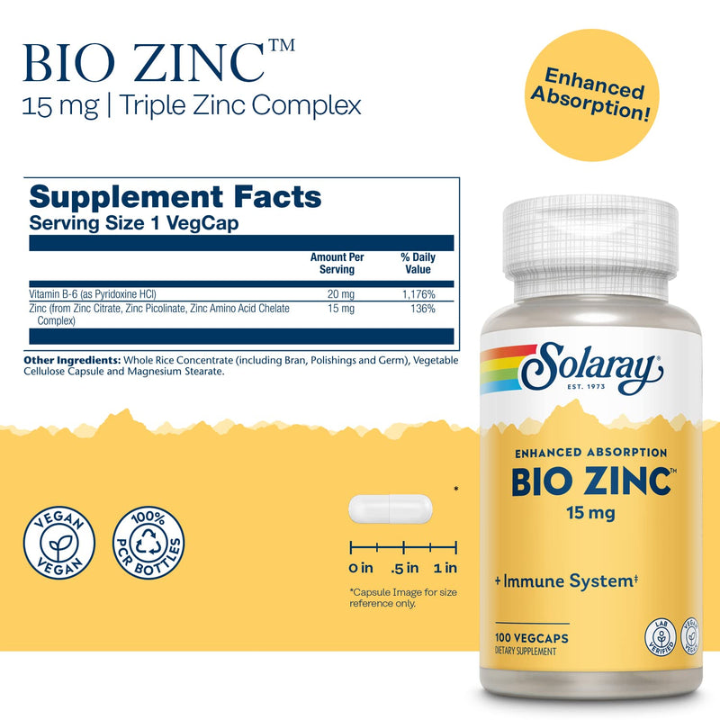 Solaray Bio Zinc 15 mg - Zinc Supplements for Women and Men, 15mg Complex with Picolinate, Citrate, and Chelated Amino Acid for Immune Health Support - 100 Capsules | Zinc Supplements for Women and Men, 15mg Complex with Picolinate, Citrate, And Chelat...