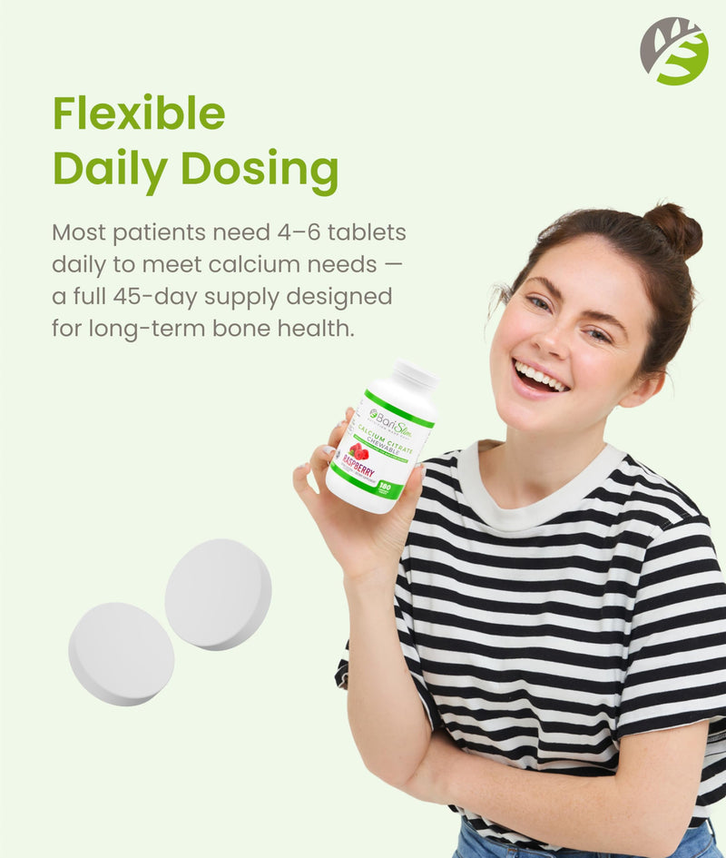BariSlim Bariatric Calcium Citrate with Magnesium Citrate & Vitamin D Chewable Tabs - 500mg Calcium Citrate - Formulated for Post Weight Loss Surgery - Supports Bone Health | Raspberry | 180 Tabs