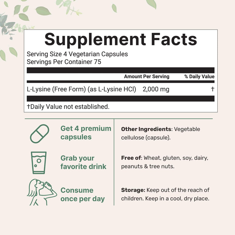 Pure L-Lysine 2,000mg, 300 Veggie Capsules | Maximum Potency, Easily Absorbed, Free Form | Essential Amino Acid for Collagen, Lip, & Immune Support | Clean Ingredients Without Fillers
