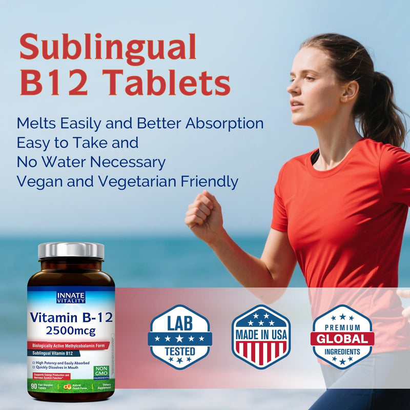 Innate Vitality Vitamin B12 2500mcg, Sublingual Methylcobalamin, Extra Strength for Energy Metabolism, Mental Clarity, Nervous System Health, Peach Flavor, Zero Sugar, 90 Fast Dissolve Tablets 90 Count (Pack of 1)