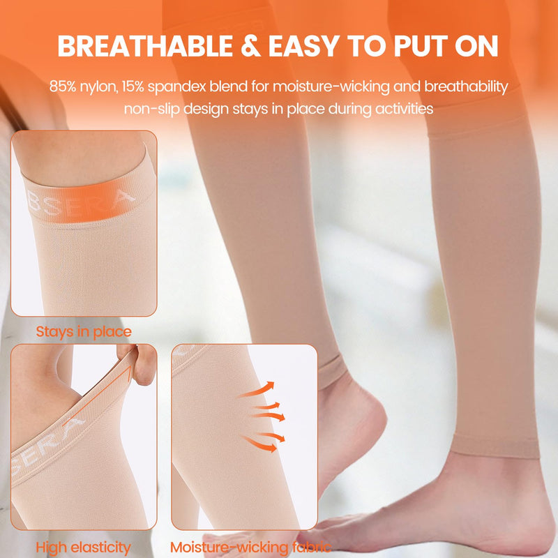 BSERA Calf Compression Sleeve Women, 2 Pairs 20-30mmHg Footless Compression Socks for Swelling Shin Splints Varicose Veins Beige Medium