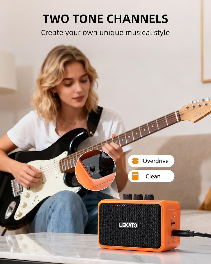 LEKATO Mini Guitar Amplifier AG-04, Dual Speakers 5W, Rechargeable Electric Guitar Amp Bluetooth with Clean Overdrive, 6H Working, Headphone Jack, Wireless Portable Amp for Practice Traveling（Orange） Orange