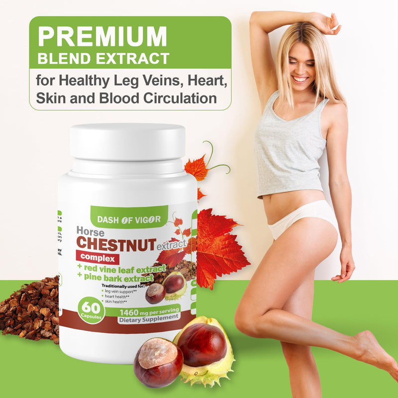 Dash of Vigor Horse Chestnut Extract Complex, Red Vine Leaf Extract Supplement, Pine Bark, Turmeric, Hawthorn Berry, Ginger, Cayenne Pepper, Chamomile, Leg Vein Support, 1460 mg, 60 Capsules - BeesActive Australia