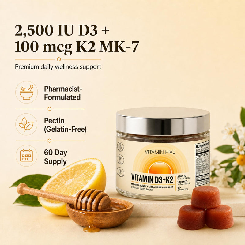 D3 K2 Gummies for Adults, Pharmacist-Formulated 2,500 IU Vitamin D3+ 100mcg K2 MK-7, Manuka Honey&Organic Lemon, Vegetarian Pectin, No Sugar Alcohols - Bone & Immune Support,60 Day Supply